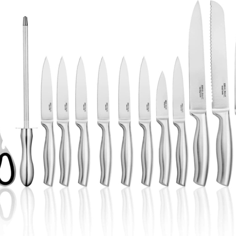 DEIK Universalküchenmesser, Scharfes Edelstahl Messer-Set Küchenmesser mit Schärfstab & Halter